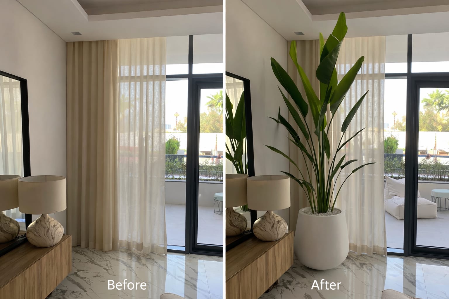 Before and after comparison of a living room with curtains and decor changes.
