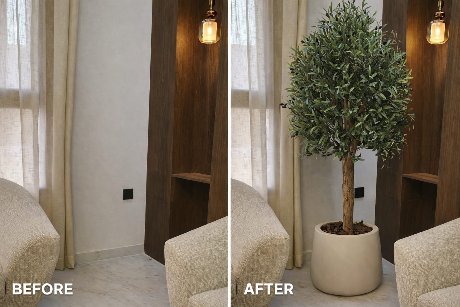 Before and after comparison of a room with a plant added.