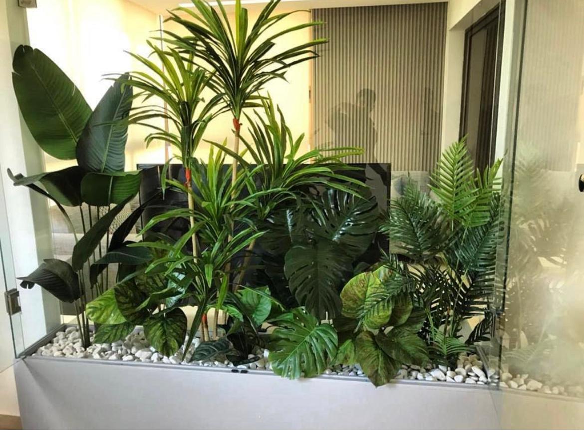 Artificial Combo Plant Dubai Online. Indoor plant setup with various green plants in a container, likely in an office setting.