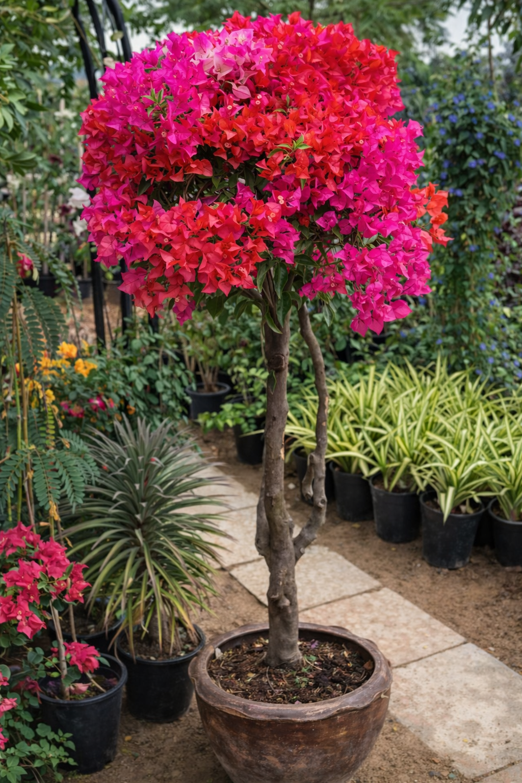 Bougainvillea Thailand Premium Plant Dubai. Potted bougainvillea plant with pink and red flowers in a garden setting.