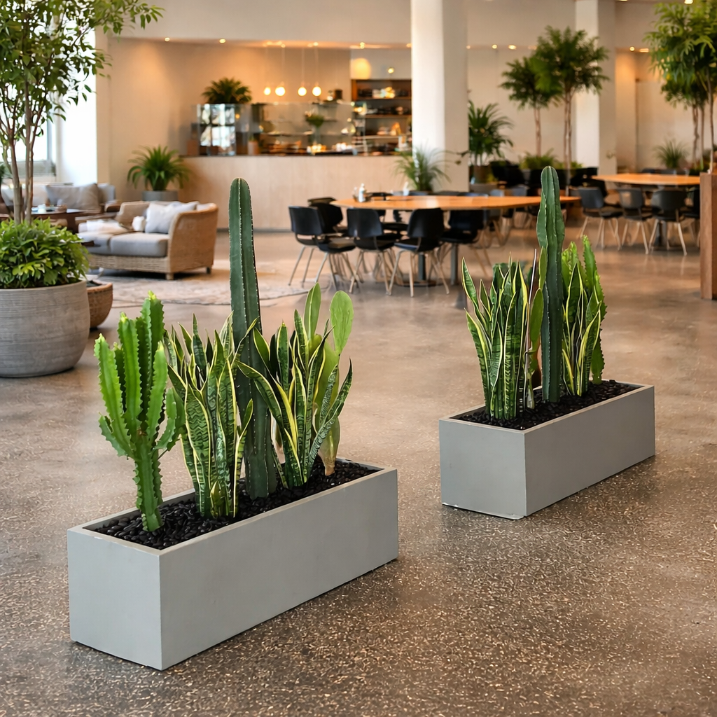 Cactus in Rectangle Fiber Plants UAE. Two potted plants in a modern indoor setting with tables and chairs.