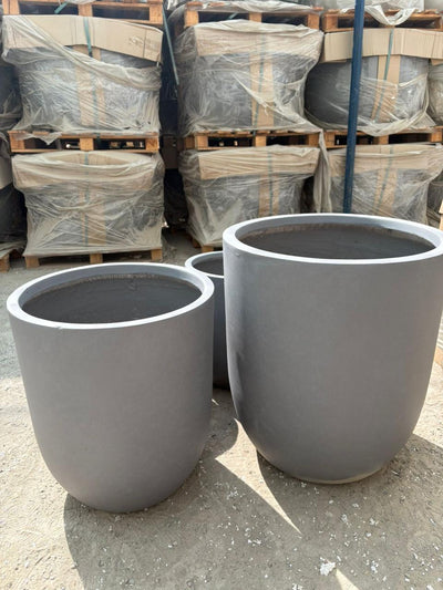 Outdoor and Indoor Large Pot Plant UAE. Two large gray planters on a concrete surface with pallets and wrapped items in the background.